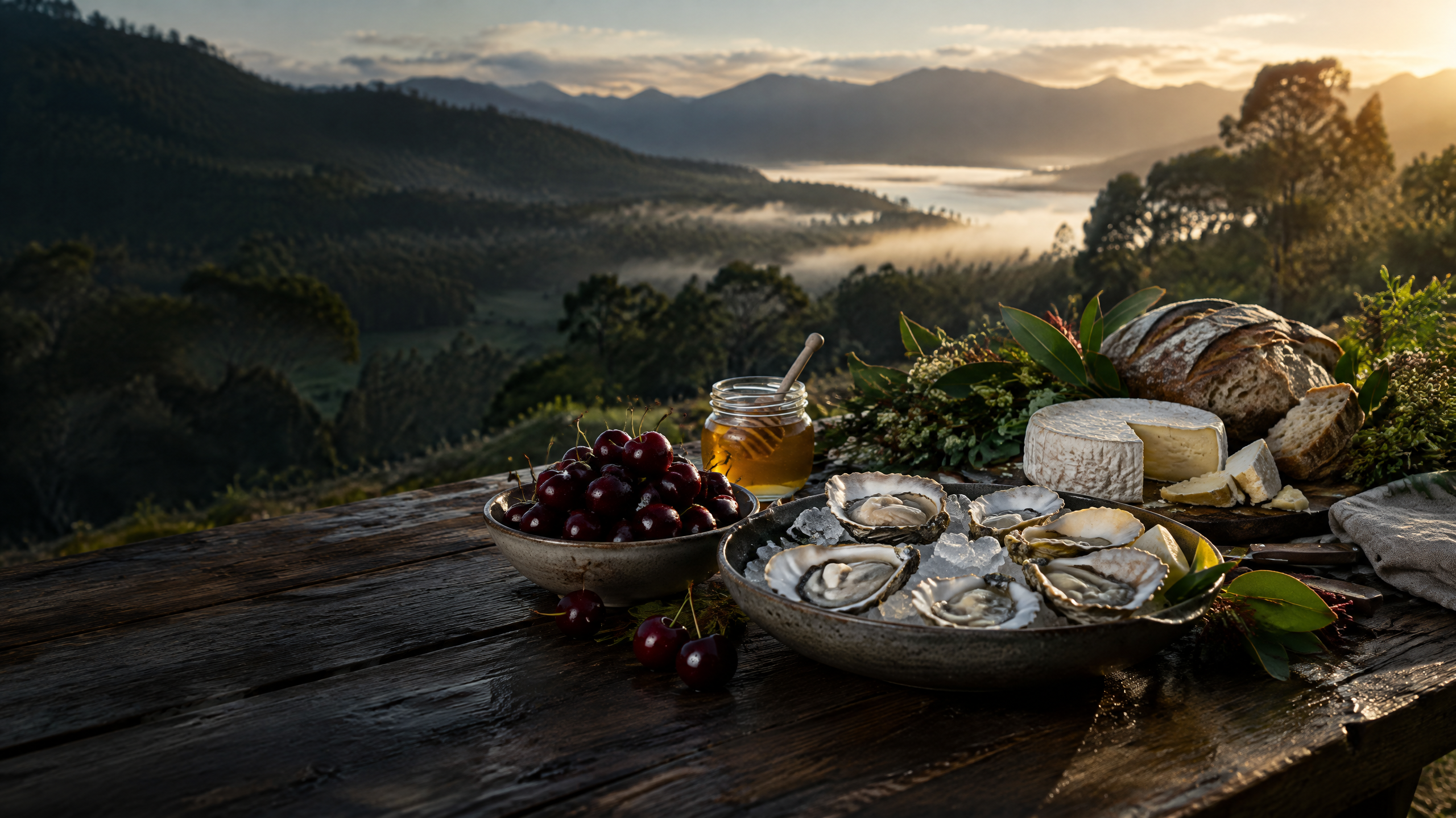 Tasmanian produce with a misty valley beyond