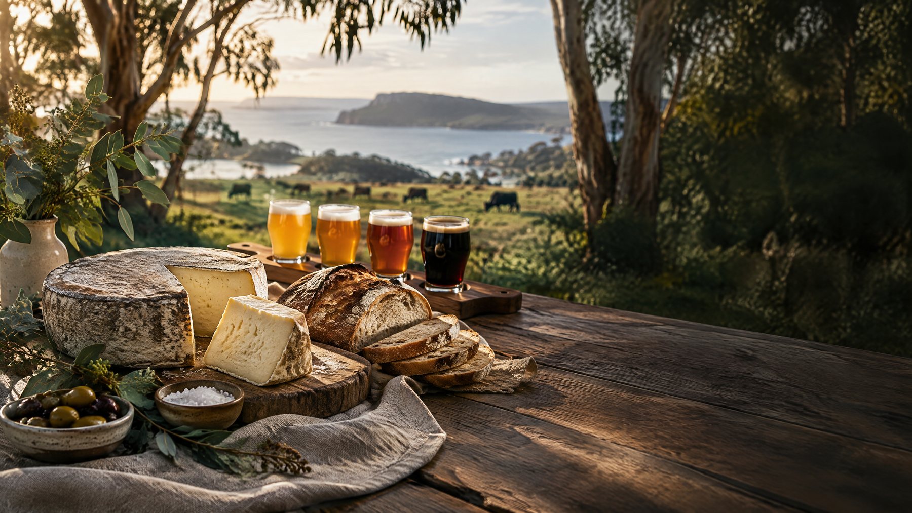 Artisan cheese, sourdough and beer in a Tasmanian landscape